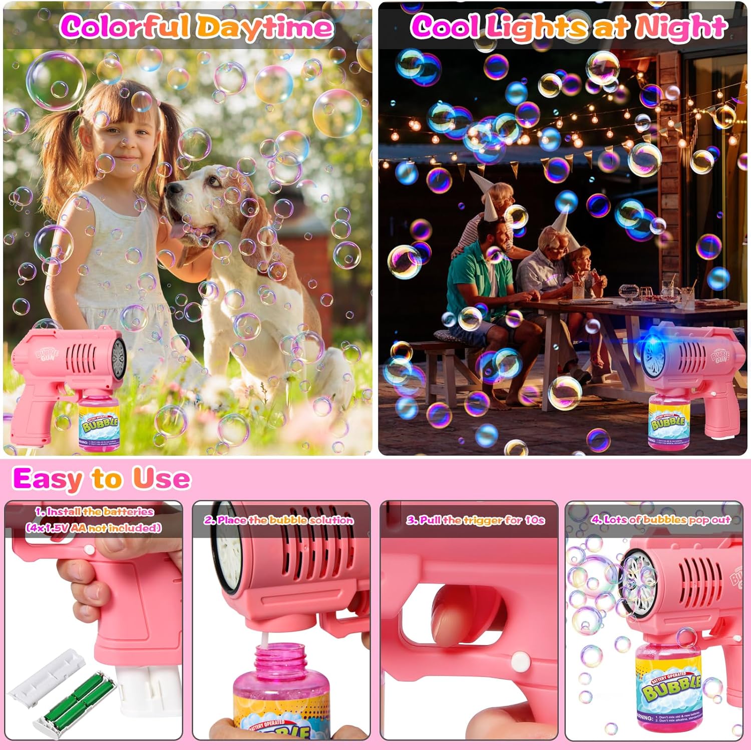 Detalle de Bombble Automatische Seifenblasenpistole – 10000 Blasen/Min, 130 ml Seifenblasenlösung, Pink
