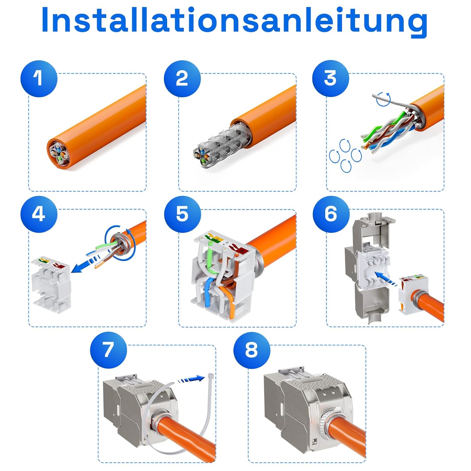 Detalle de HB-DIGITAL CAT 7 Keystone RJ45 Modul – STP, 10 Gbit/s, vollgeschirmt, AWG22–24