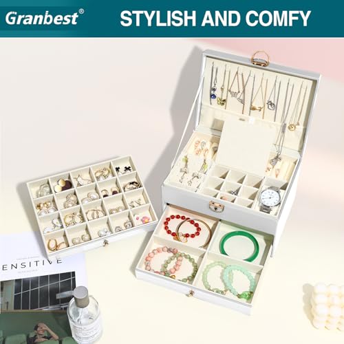 Thumbnail 1 de Granbest 3 Layers Jewellery Box with 2 Drawers — Elegant Leather Storage for Necklaces, Rings, Bracelets and Earrings (White)