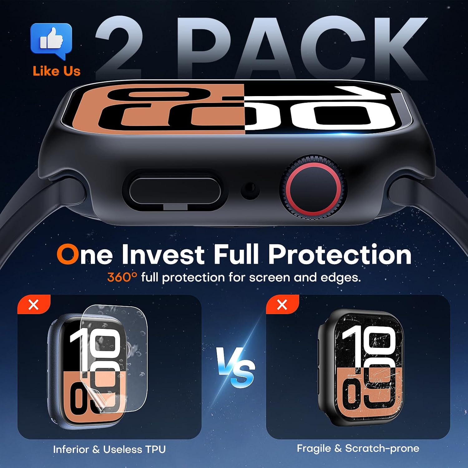 Detalle de TAURI 2 Pack Hard Case for Apple Watch 42mm (Series 11/10) with 9H Glass Screen Protector – Black