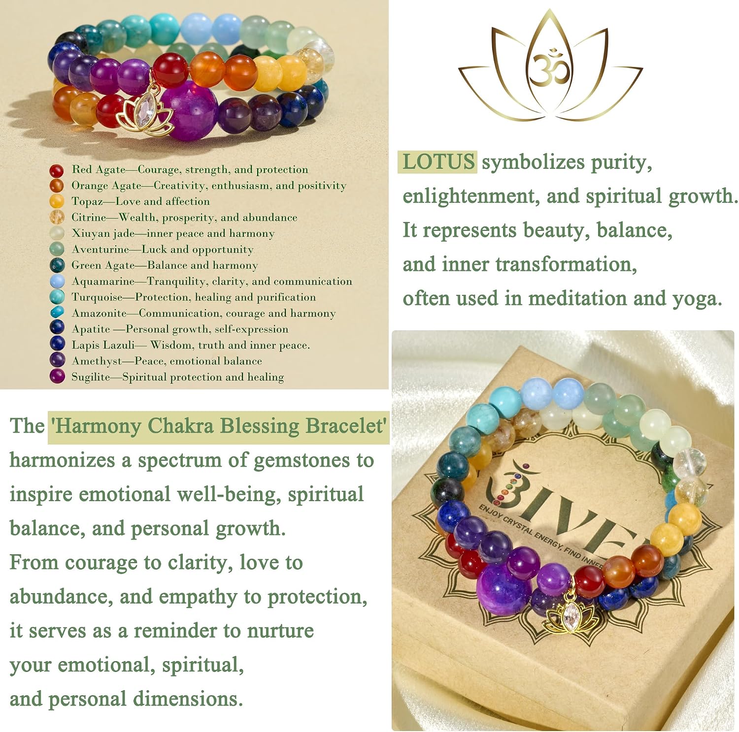 Detalle de Bracciali Bivei in pietra naturale Cristallo verde con perline da 8 mm e charm loto (set)