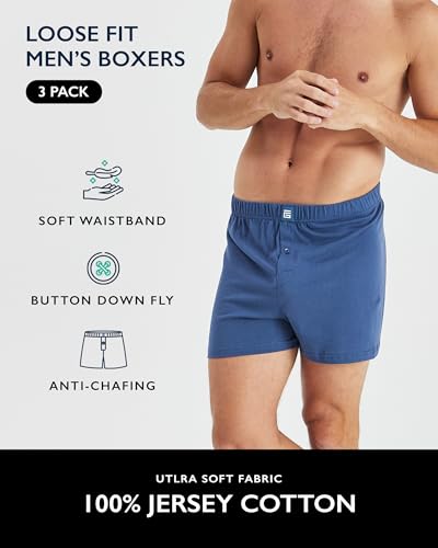 Detalle de Giovici Mens Boxers Loose Fit – 3 Pack, Blue (L) in 100% Soft Jersey Cotton with Button Fly