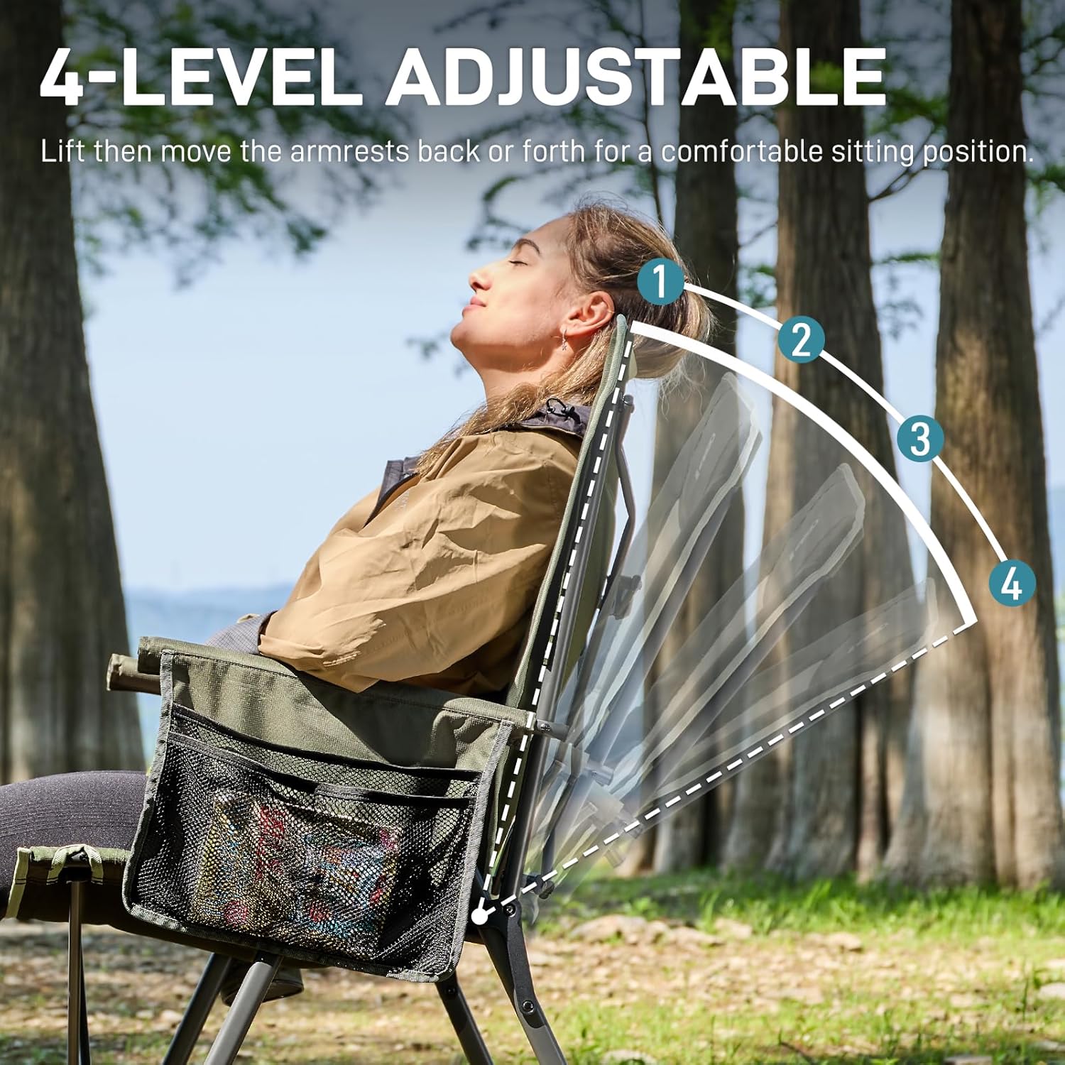 Detalle de EVER ADVANCED Luxury Camping Chair Folding Reclining Set of 2 (Green) with Cup Holder & 4-Position Back