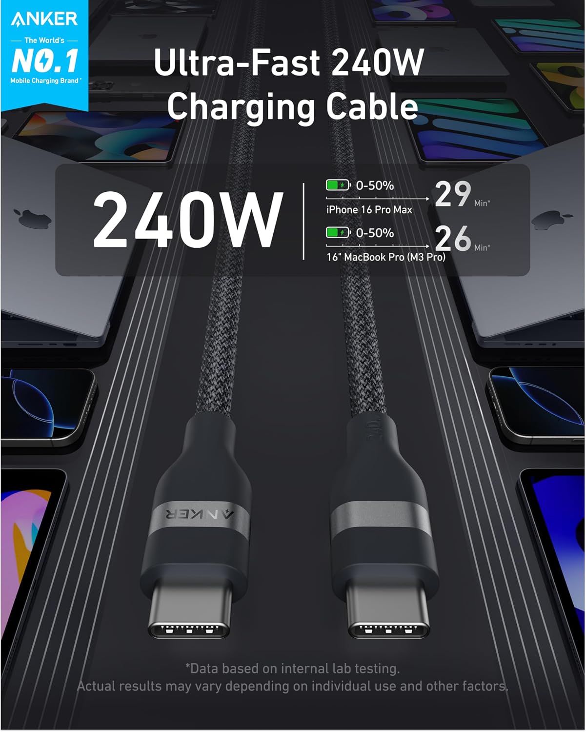 Detalle de Anker Nano USB-C Cable (240W, 10ft) – Fast Charging Braided Cord, USB-IF Certified, Black