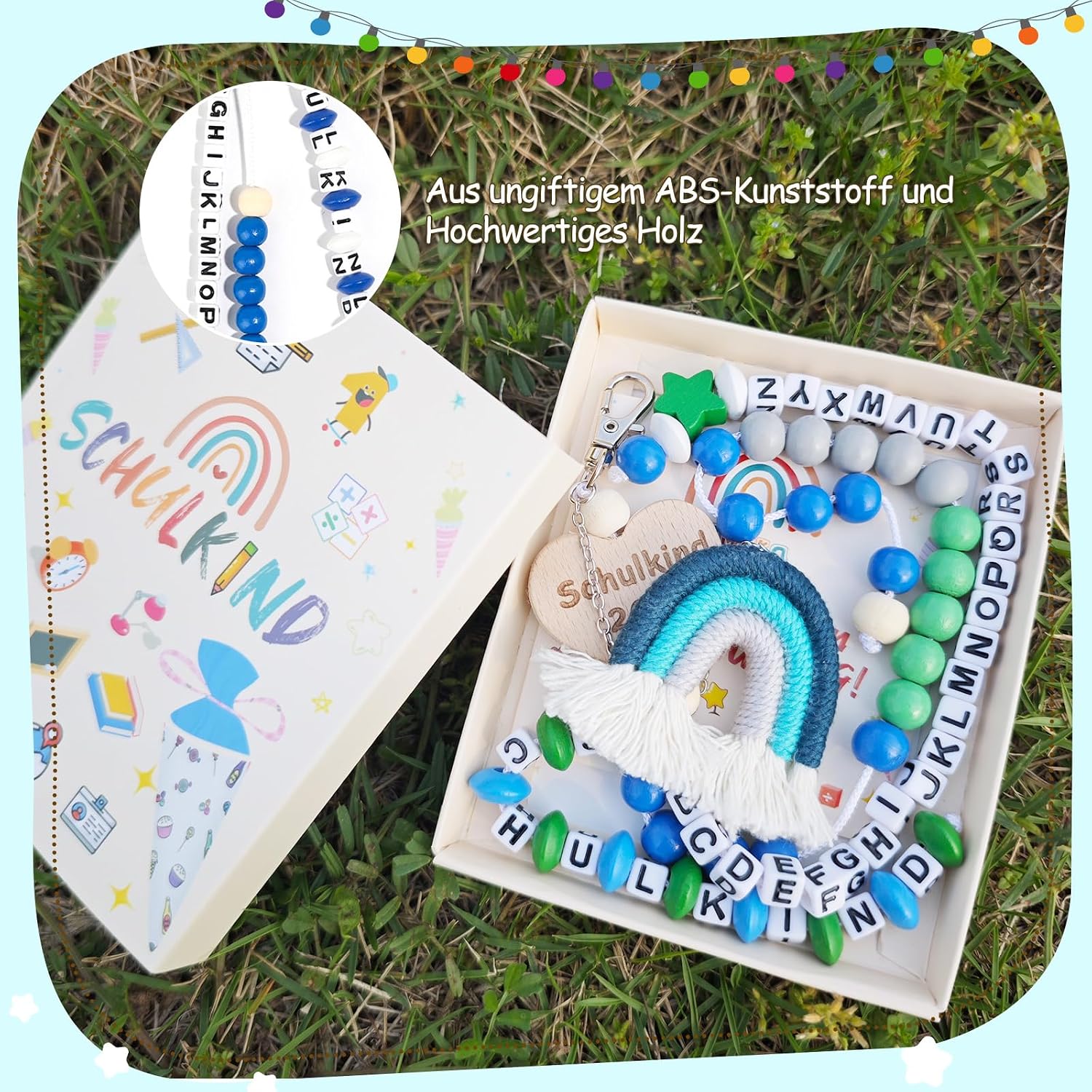 Detalle de KUPITM6 Rechenkette Geschenk Einschulung Junge – Glücksbringer Schulstart-Set mit Grußkarte und Geschenkbox