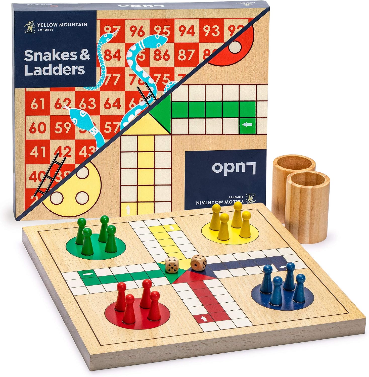 Detalle de Yellow Mountain Imports Jeu de l'échelle en Bois Réversible 2 en 1, Jeu du Ludo – 29 cm