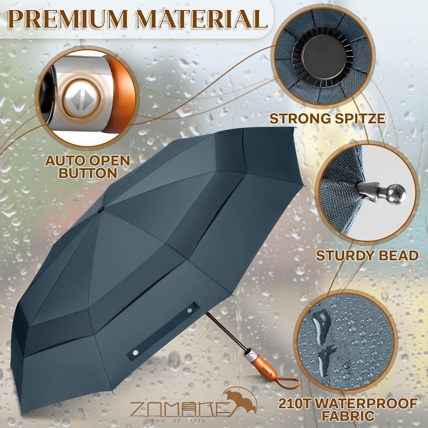 Thumbnail 3 de ZOMAKE Parapluie pliant double canopée 54 pouces (poignée en bois, anti-vent)