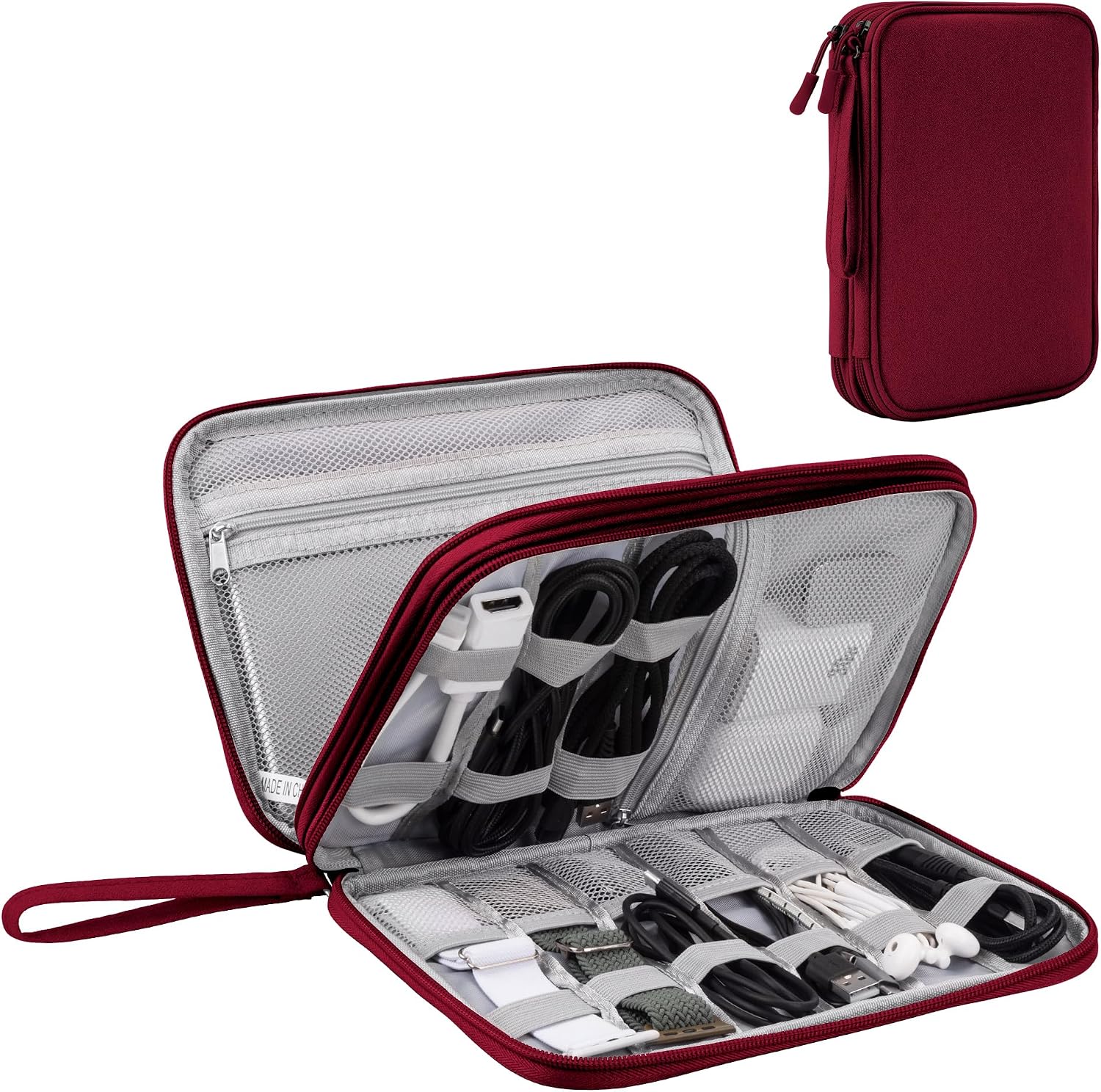 Detalle de Arae Electronic Accessories Organiser travel cable bag (Wine Red, Large) with double-layer storage