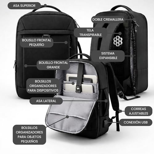 Detalle de Mochila de cabina EDIESI 40x30x20 con USB y expansión, práctica para vuelos y escapadas