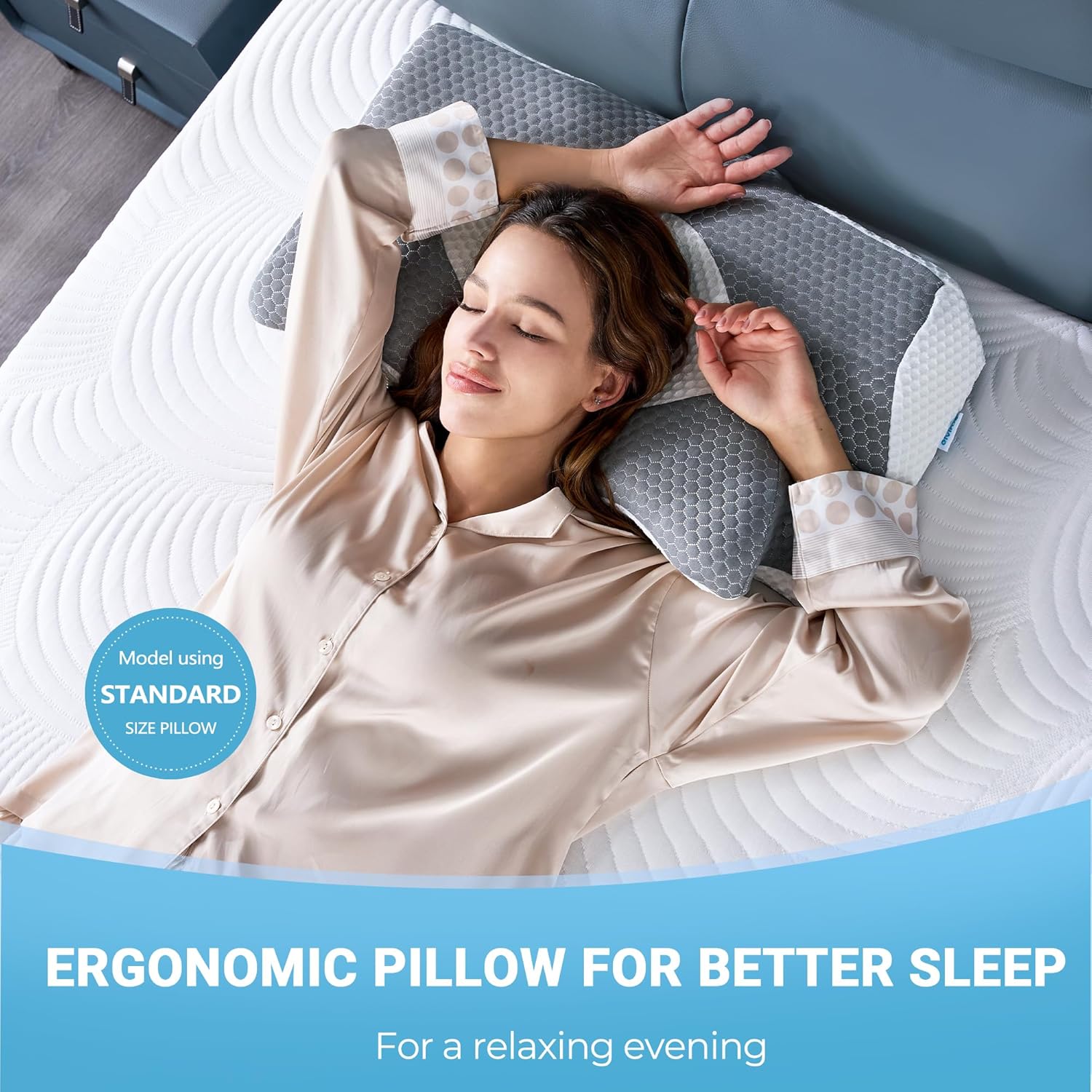 Thumbnail 6 de Elviros Memory Foam Seitenschläferkissen – ergonomisch geformt gegen Nacken- und Schulterbeschwerden, 64 x 12,5/10,5 x 38 cm, Grau