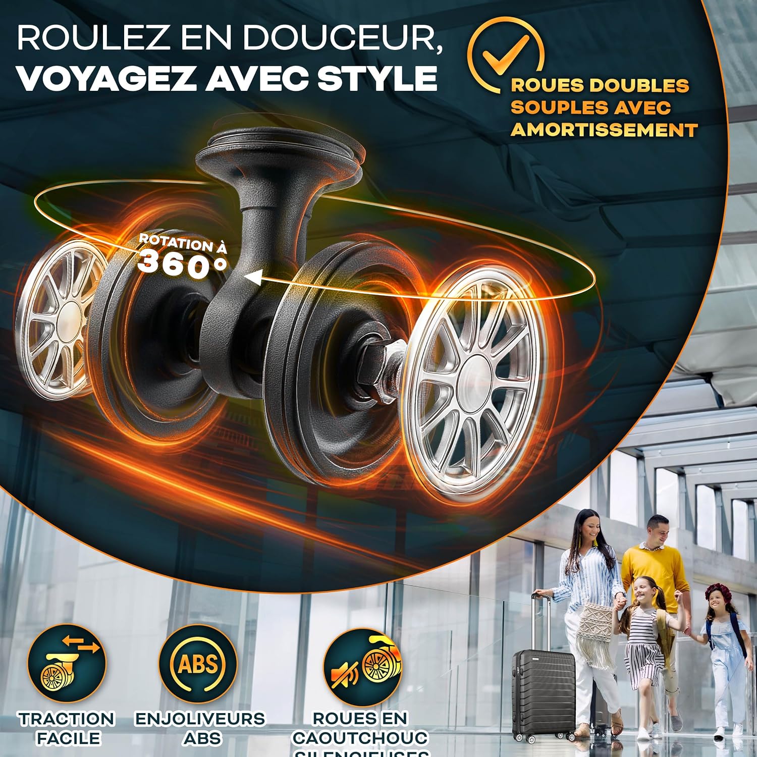 Detalle de Set tillvex® de 4 valises rigides avec roulettes + balance, sangles et étiquettes (S/M/L/XL) gris/anthracite