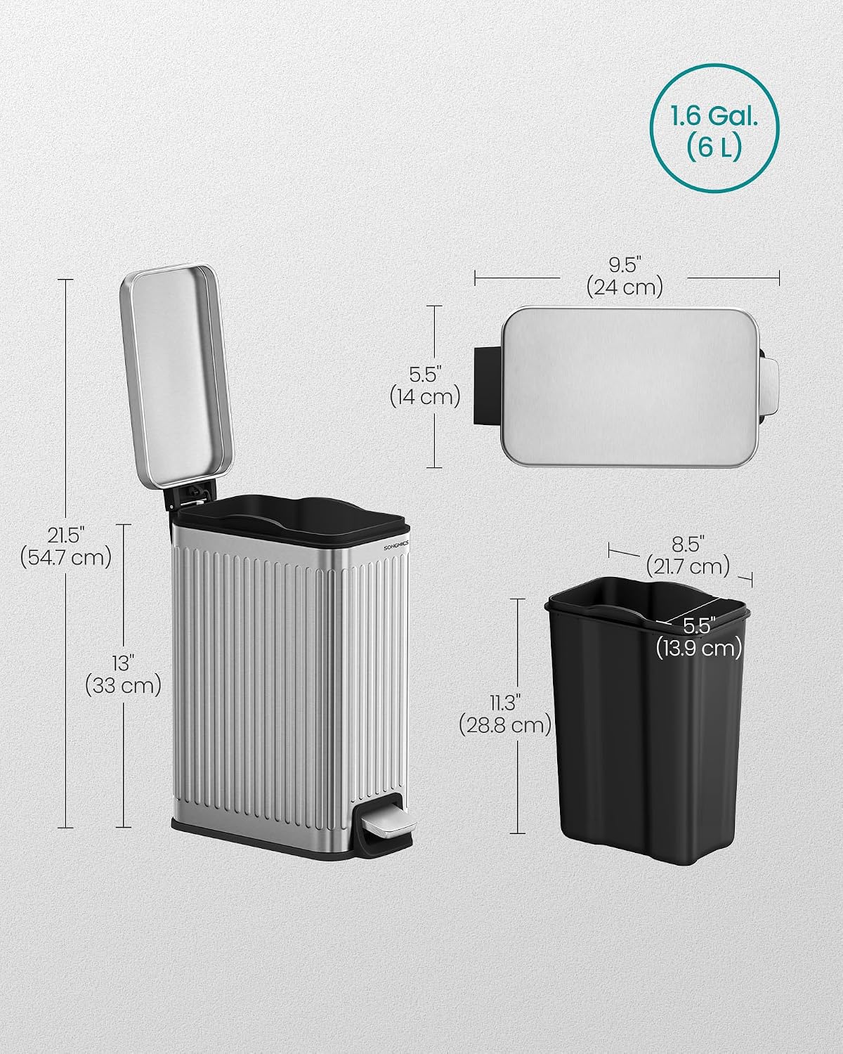 Thumbnail 6 de SONGMICS ULTB563E01 Bathroom Trash Can, 1.6-Gallon Slim Stainless Steel