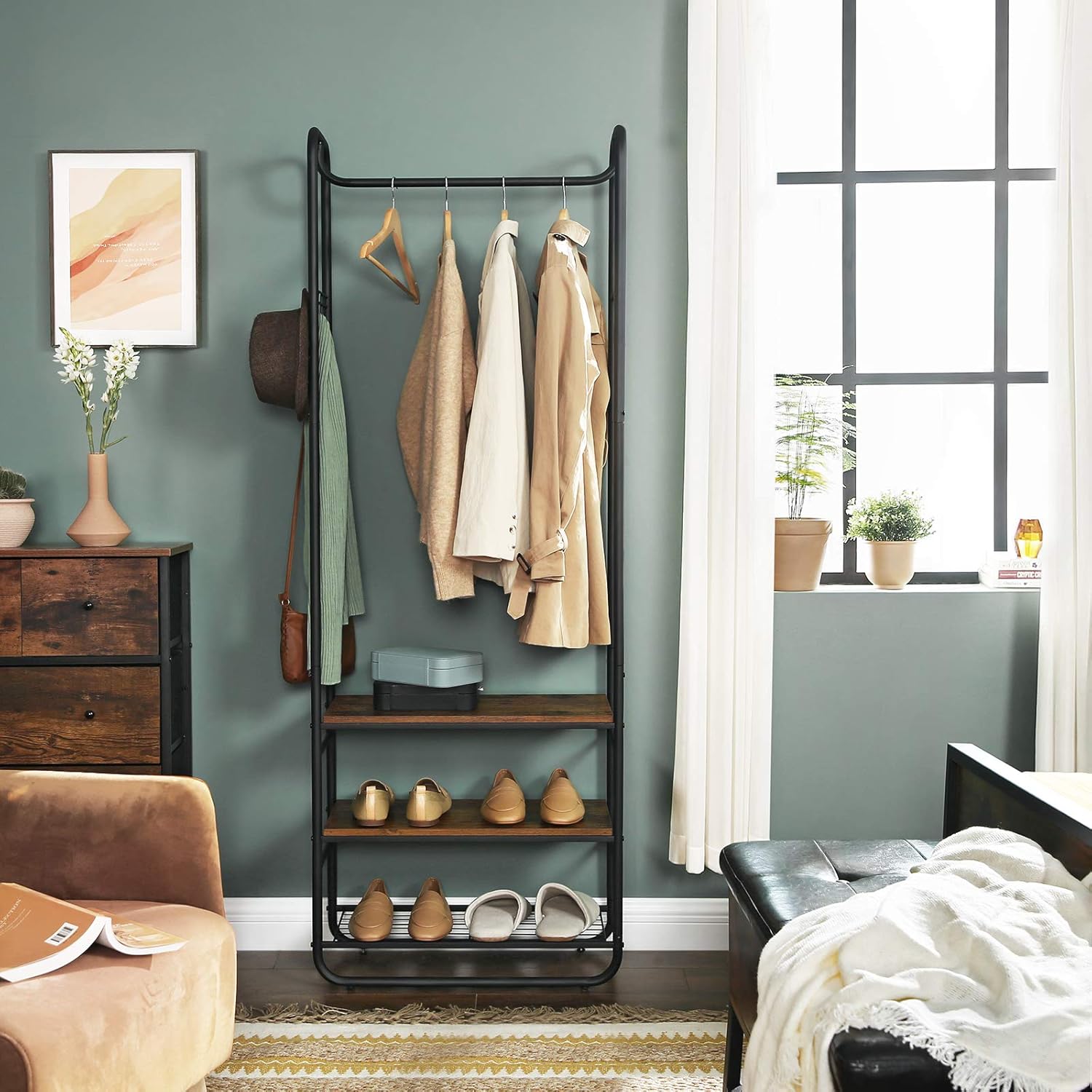 Thumbnail 2 de VASAGLE Appendiabiti con Scarpiera HSR81BX – Ingresso in stile Scandinavo, Nero Opaco e Marrone Vintage