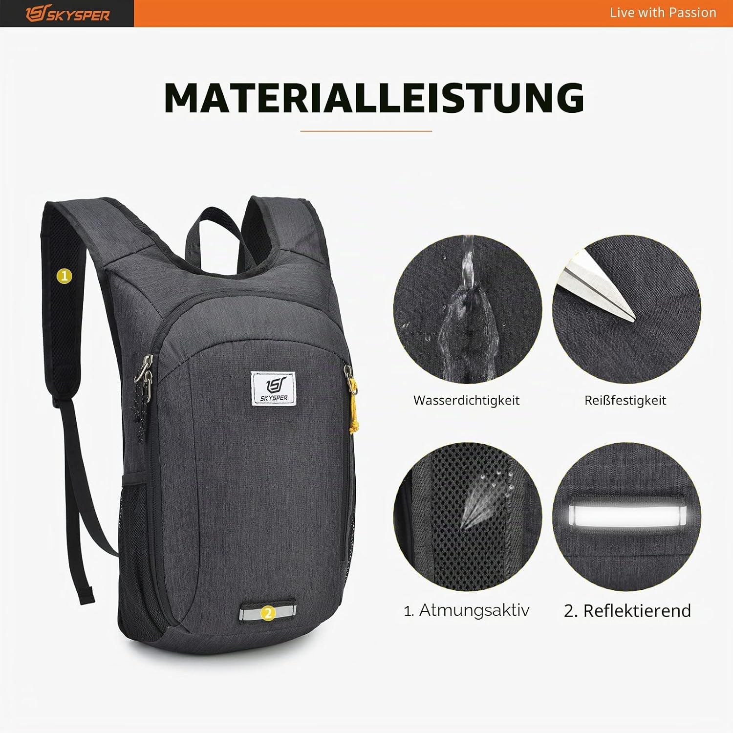 Detalle 2 de SKYSPER faltbarer Ultraleicht-Rucksack 10/15/20 L – wasserfeste Daypack für Tagesausflüge & Reisen