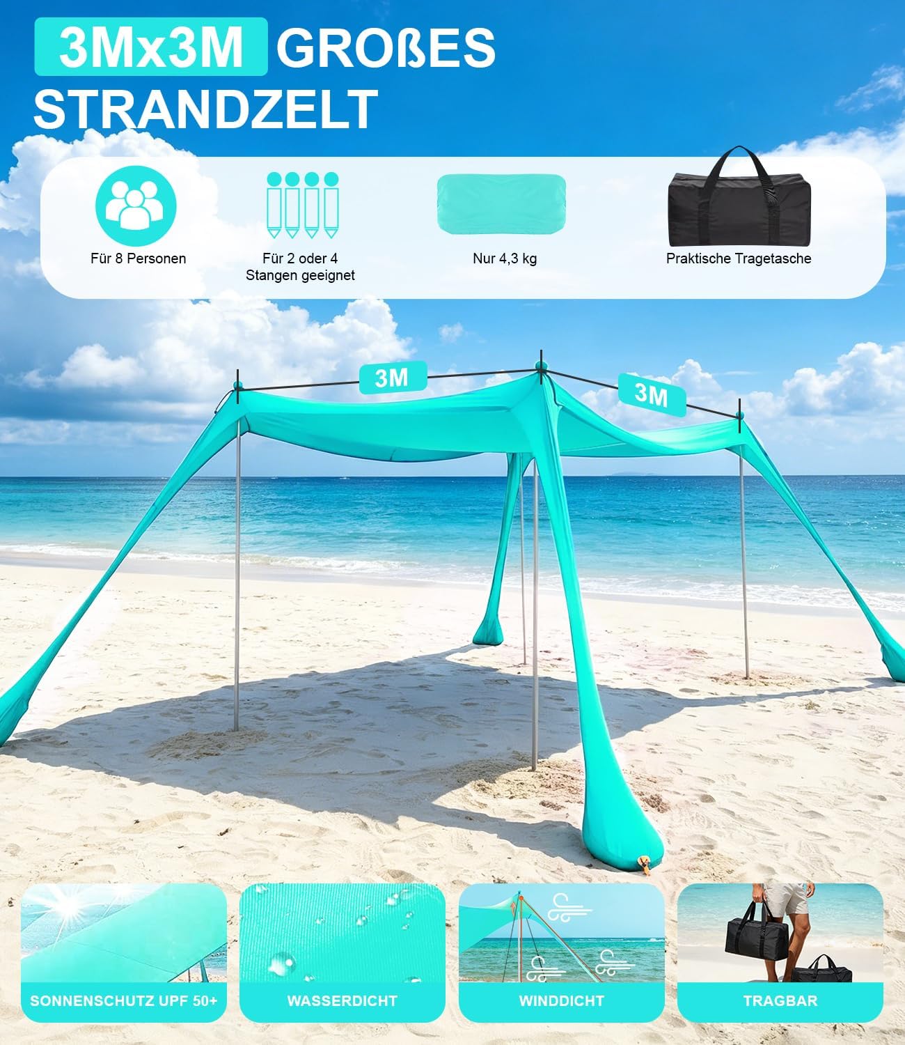 Detalle de MAXVINI UPF50+ Strandzelt 3m x 3m – UV-Schutz, stabile Dreieckskonstruktion & Sandsäcke