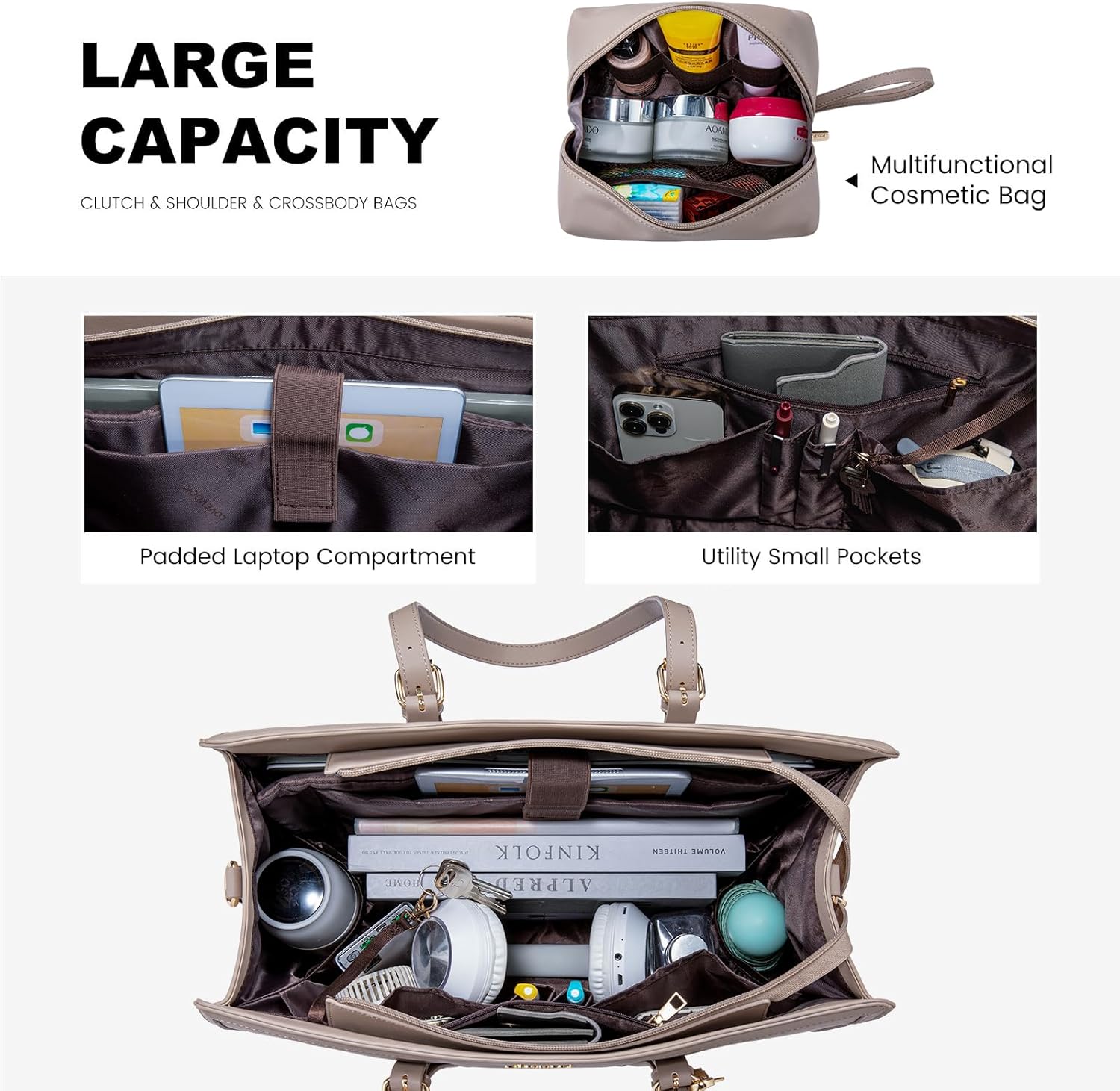 Detalle de LOVEVOOK Laptop Tote for Women – 15.6 Inch Lightweight PU Laptop Bag with Large Capacity and Clutch (Cinnamon)