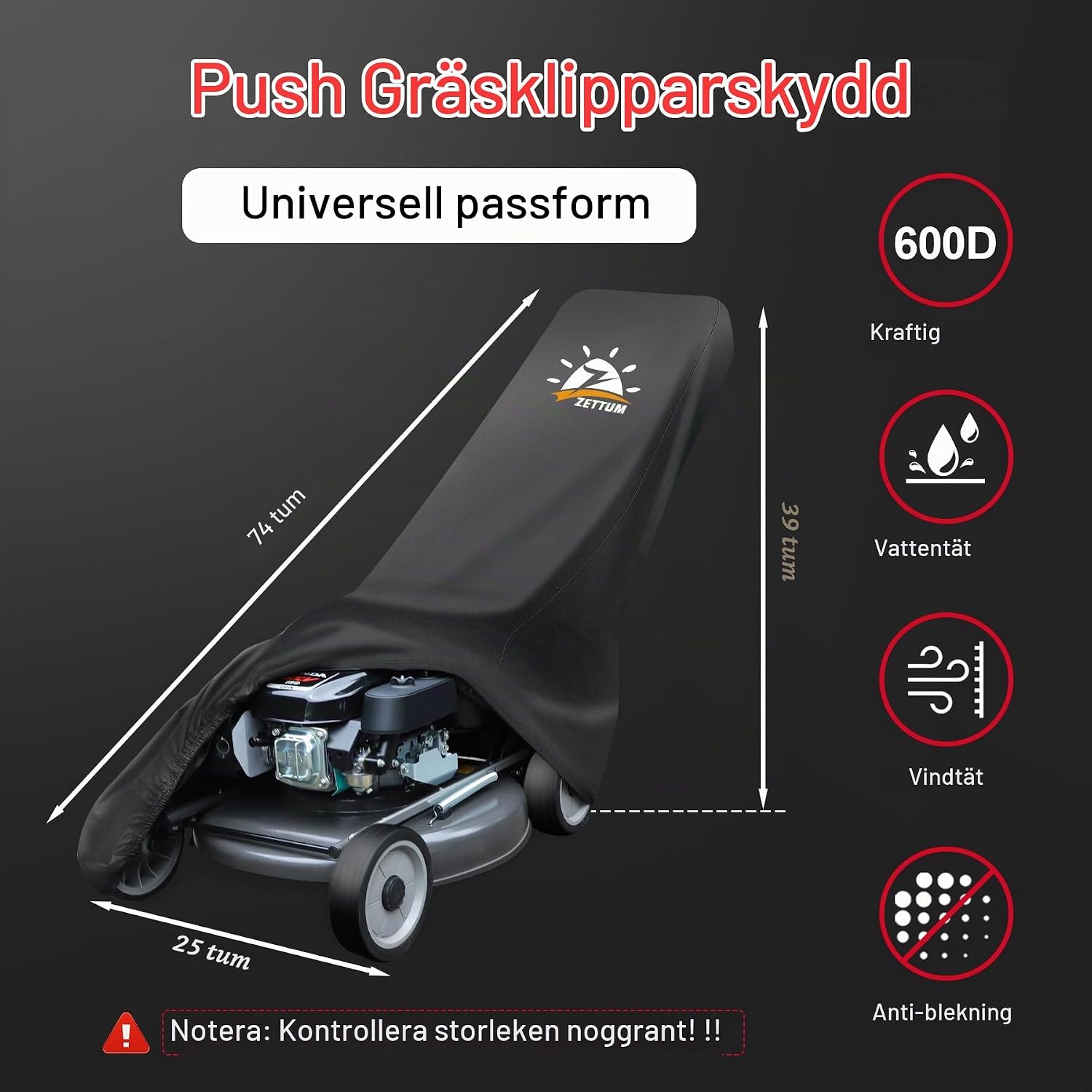 Detalle 2 de Zettum LMC-SP-74-BLK gräsklipparöverdrag, vattentätt 600D med dragsko