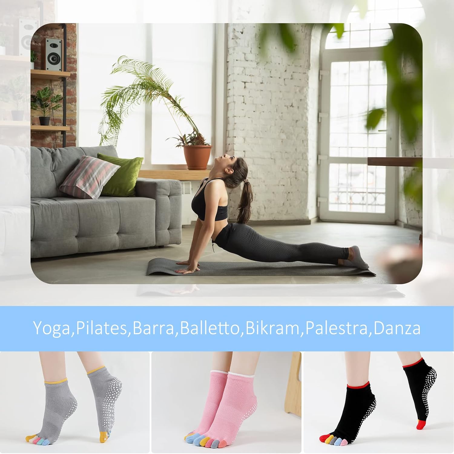 Detalle de PUTUO Calzini antiscivolo da donna con dita (5 dita) per yoga, pilates e fitness, 3 paia EU 36-43