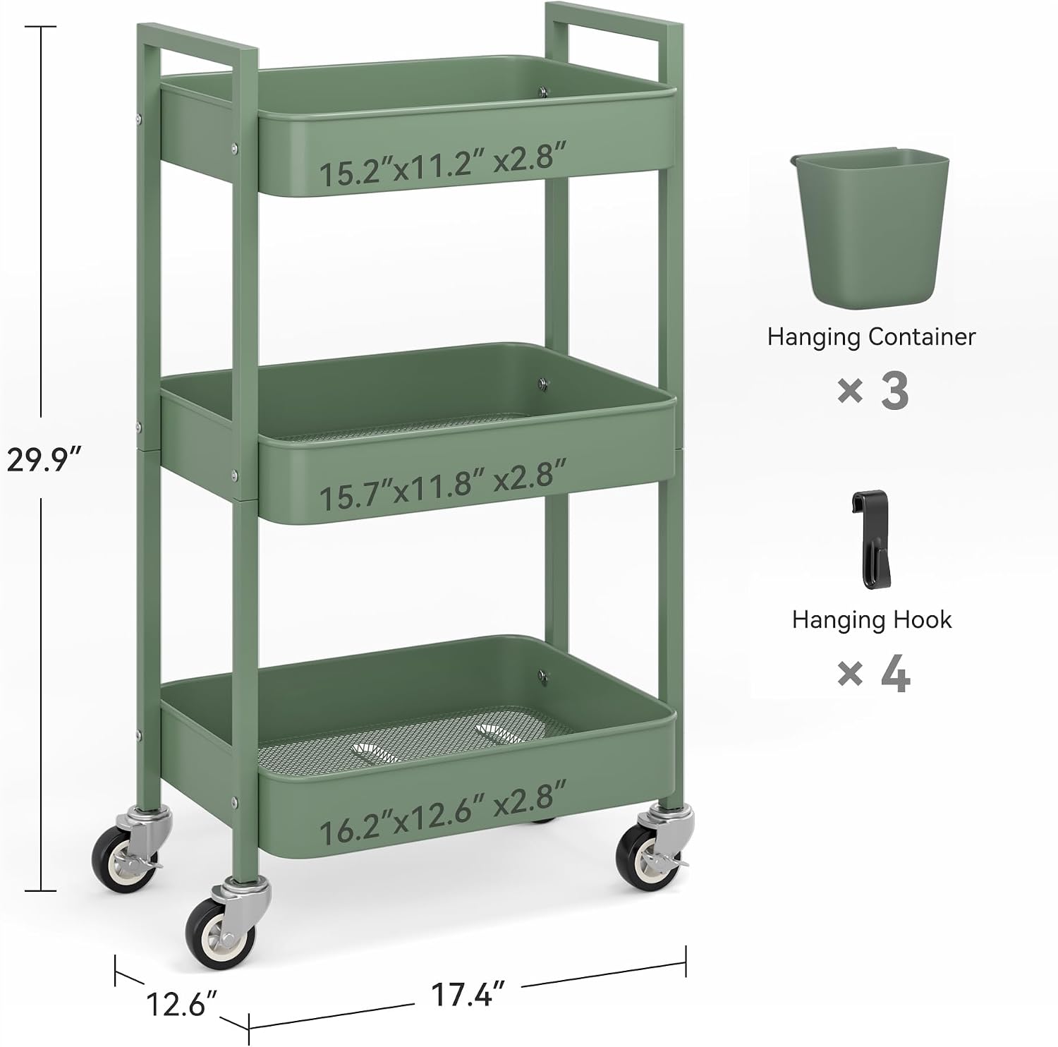 Detalle 2 de Nunsino Rolling Cart 3-Tier Metal Utility Cart with Locking Wheels, Green
