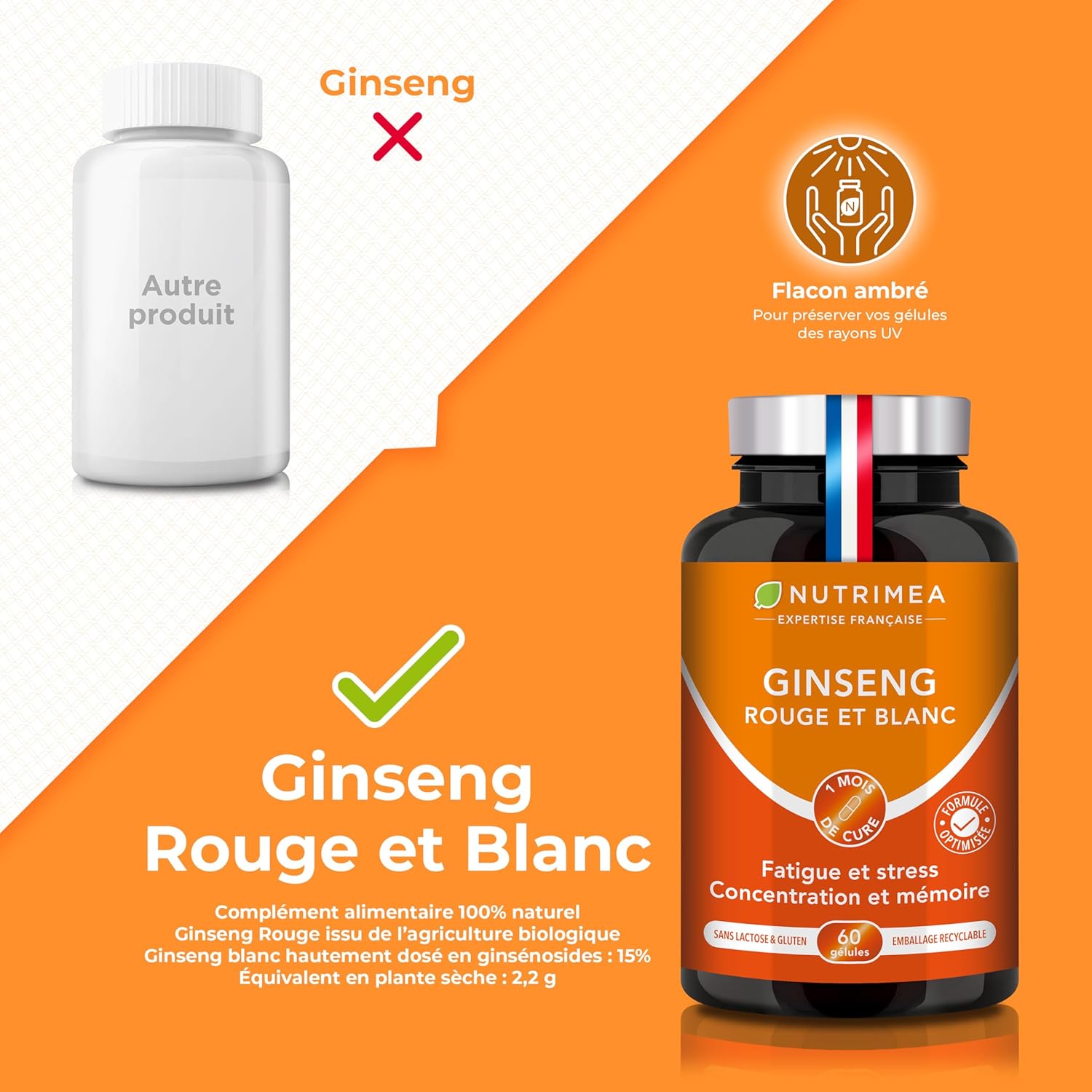 Thumbnail 2 de Complément au ginseng Rouge & Blanc BIO 2200 mg – Extrait 5:1 titré à 15% en ginsénosides (60 gélules vegan) Nutrimea