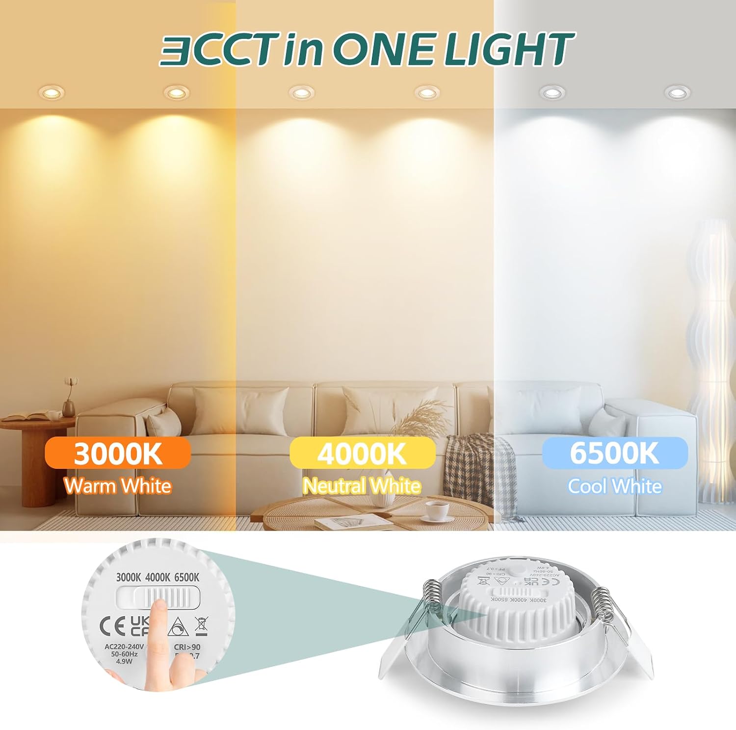 Detalle 2 de KYOTECH LED Einbaustrahler dimmbar 5 W, IP44, 6er-Set (68–75 mm), 3000K/4000K/6500K, 45° schwenkbar