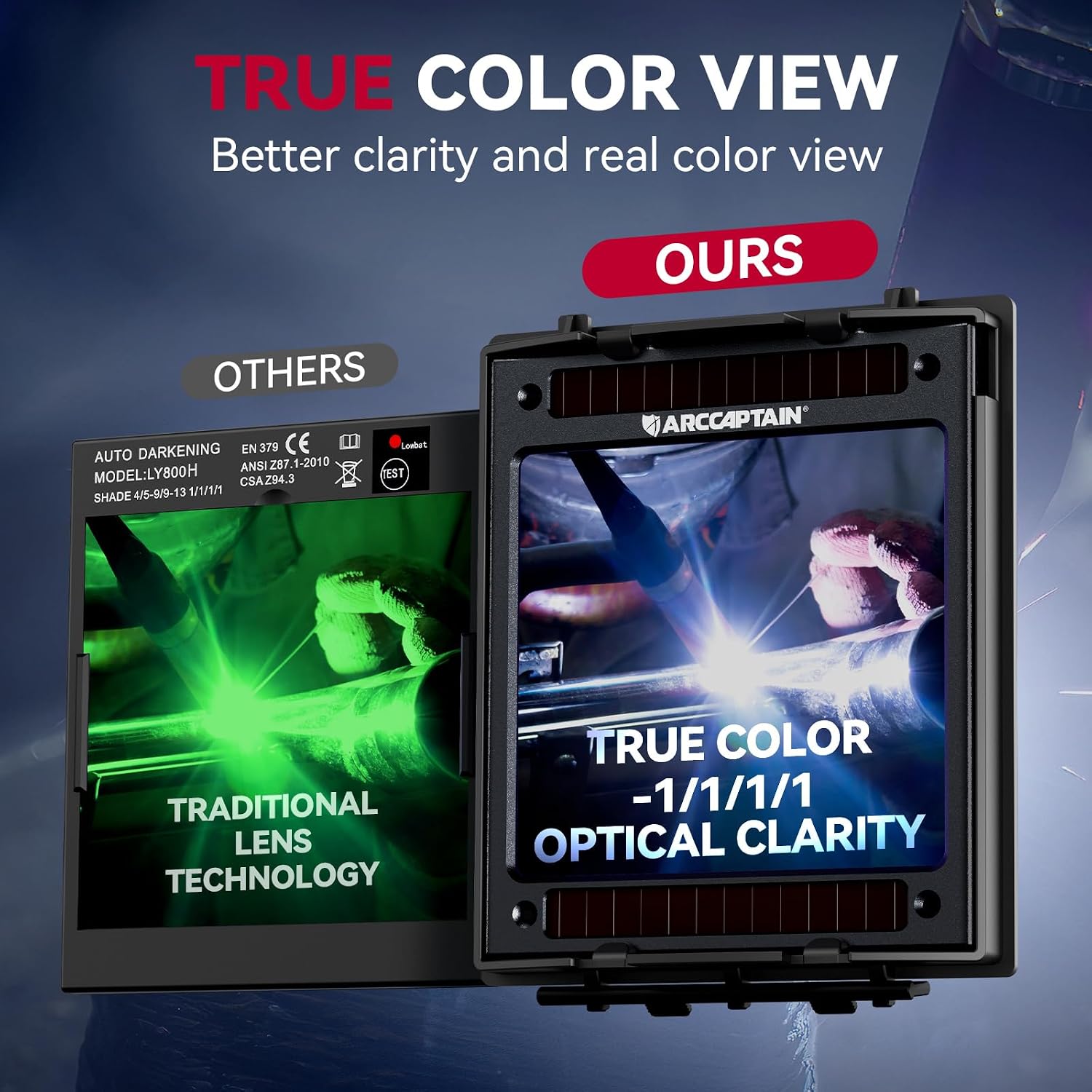 Detalle de ARCCAPTAIN Auto-Darkening Welding Helmet with LED Light, True Color Lens