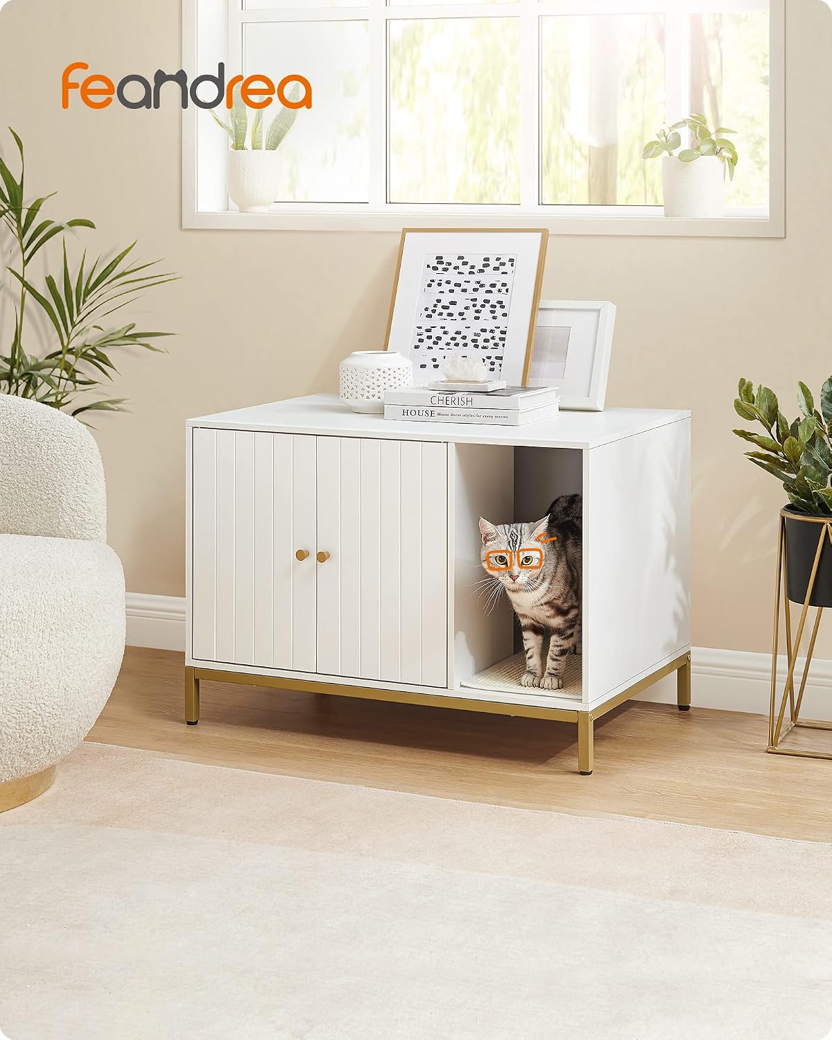 Detalle de Feandrea Bryan Collection PCL007W01 Cat Litter Box Enclosure, Cloud White and Pale Gold