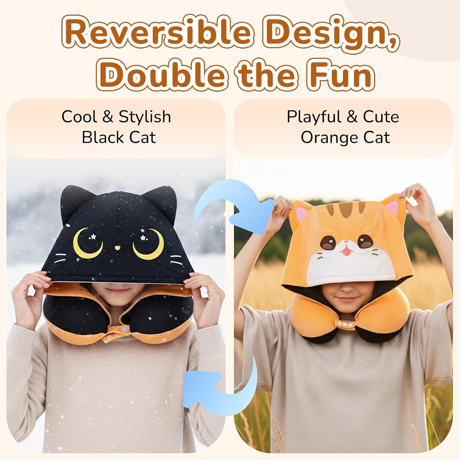 Detalle 2 de Mewaii Oreiller de Voyage avec Capuche — Coussin de Nuque en forme de chat, mousse à mémoire de forme, noir