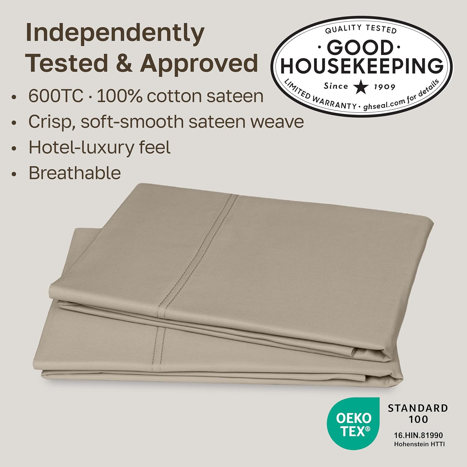 Detalle de California Design Den 600 Thread Count Cotton Pillowcases, Standard/Queen, Taupe