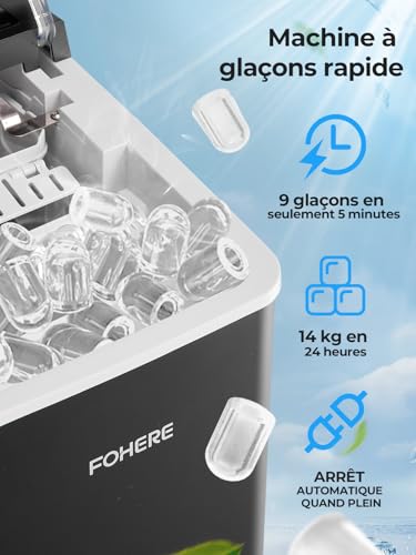 Detalle 2 de FOHERE Machine à Glaçons avec Poignée Portable – 14 kg/jour, 9 glaçons bullet en 5 minutes, auto-nettoyante