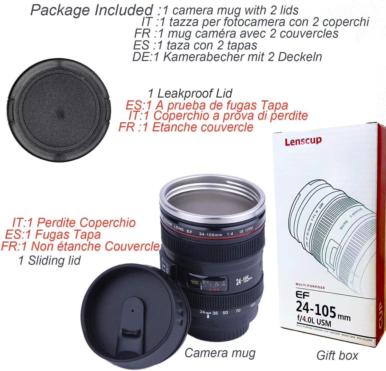 Thumbnail 1 de SLOSH Reisebecher mit Kamera-Objektiv-Optik und 2 Deckeln – Thermobecher im Tumbler-Stil, BPA-frei (GE-II-V)