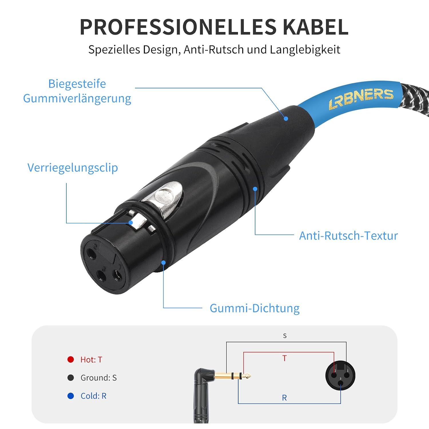 Detalle de Lrbners TC161GYX002-15 5FT Right-Angle TRS-to-XLR Cable, Braided Shield