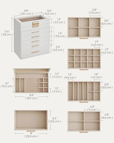 Thumbnail 4 de SONGMICS Collection Jewellery Box with Glass Lid (GISELLA JBC171W01) – 6-Layer Storage, Cloud White & Gold