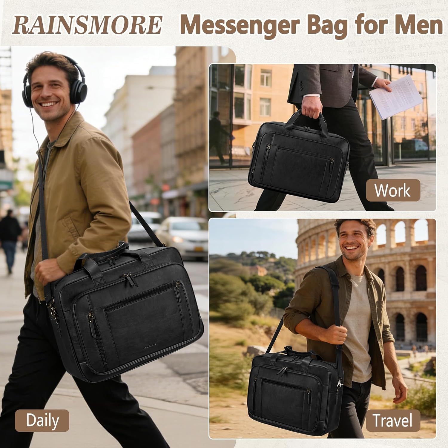 Thumbnail 1 de RAINSMORE 16-Inch Laptop Bag for Men – Waterproof PU Leather Satchel Briefcase