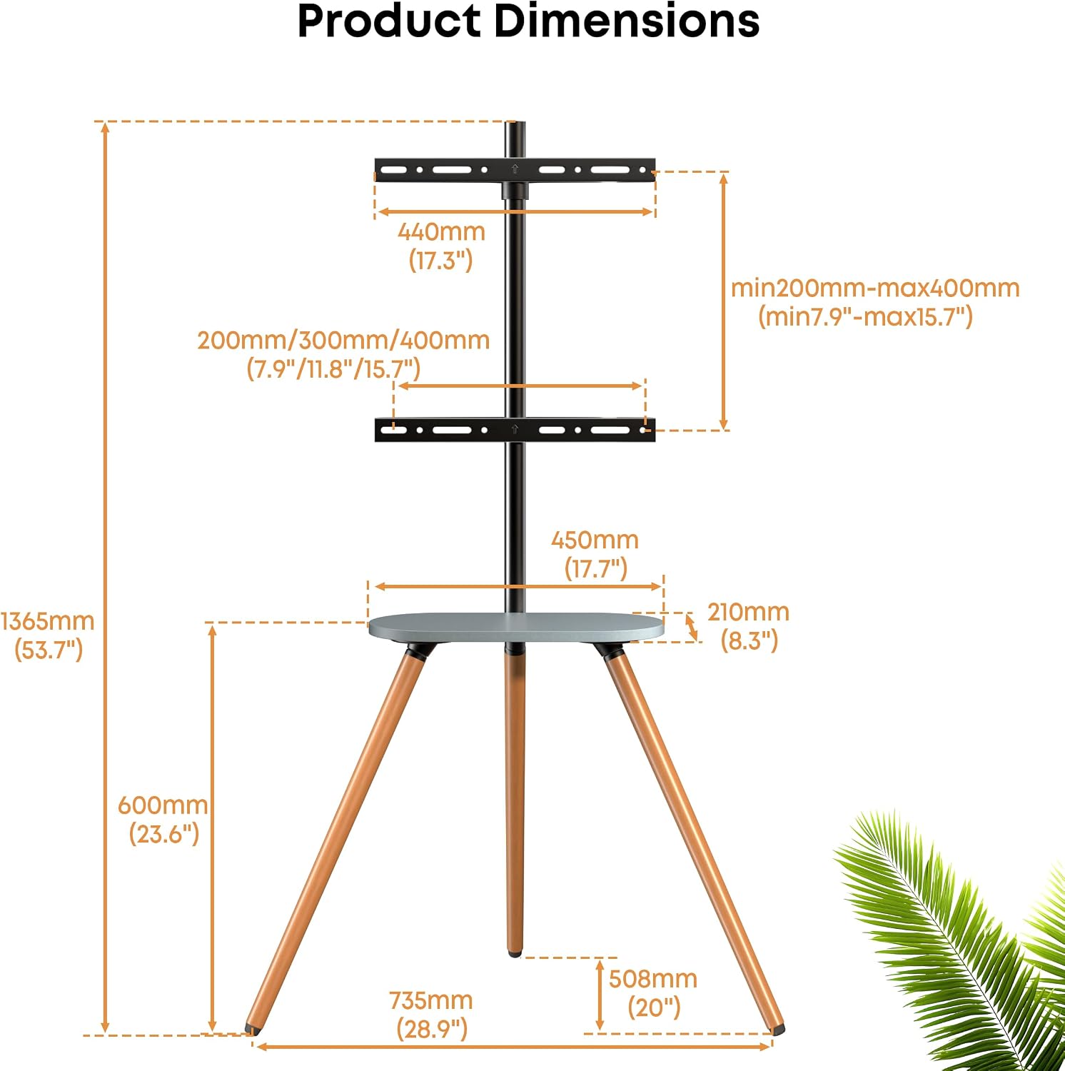 Detalle 2 de PUTORSEN TV Ständer im Staffelei-Design (Dreibein) für 43–65 Zoll, höhenverstellbar, VESA bis 400×400, 35 kg Tragkraft, Schwarz/Nussbaum