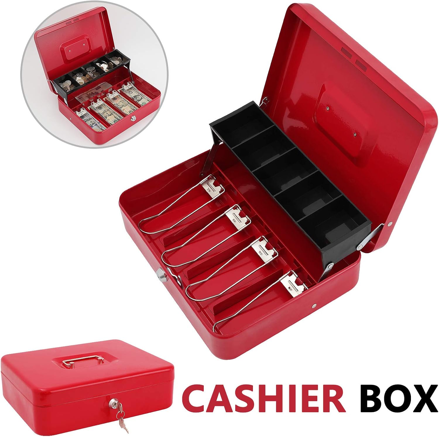 Thumbnail 5 de xydled XYD-QX-CB-8002 Cash Box with Key Lock, Tiered Tray, Red