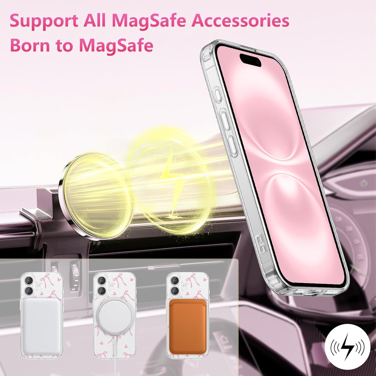Thumbnail 3 de ZTOFERA magnetische Handyhülle für iPhone 16 (6,1 Zoll) – transparente TPU-Schutzhülle mit Schleife & Herz (rosa)