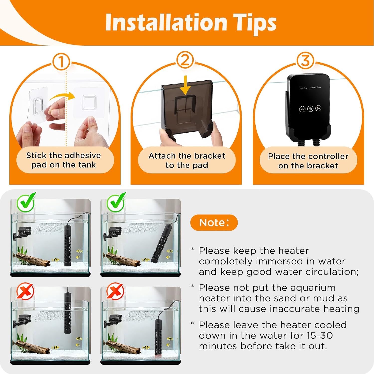 Detalle 2 de AQQA Aquarium Heater 500W with external LED thermostat controller (quartz, submersible) for 200–500L tanks