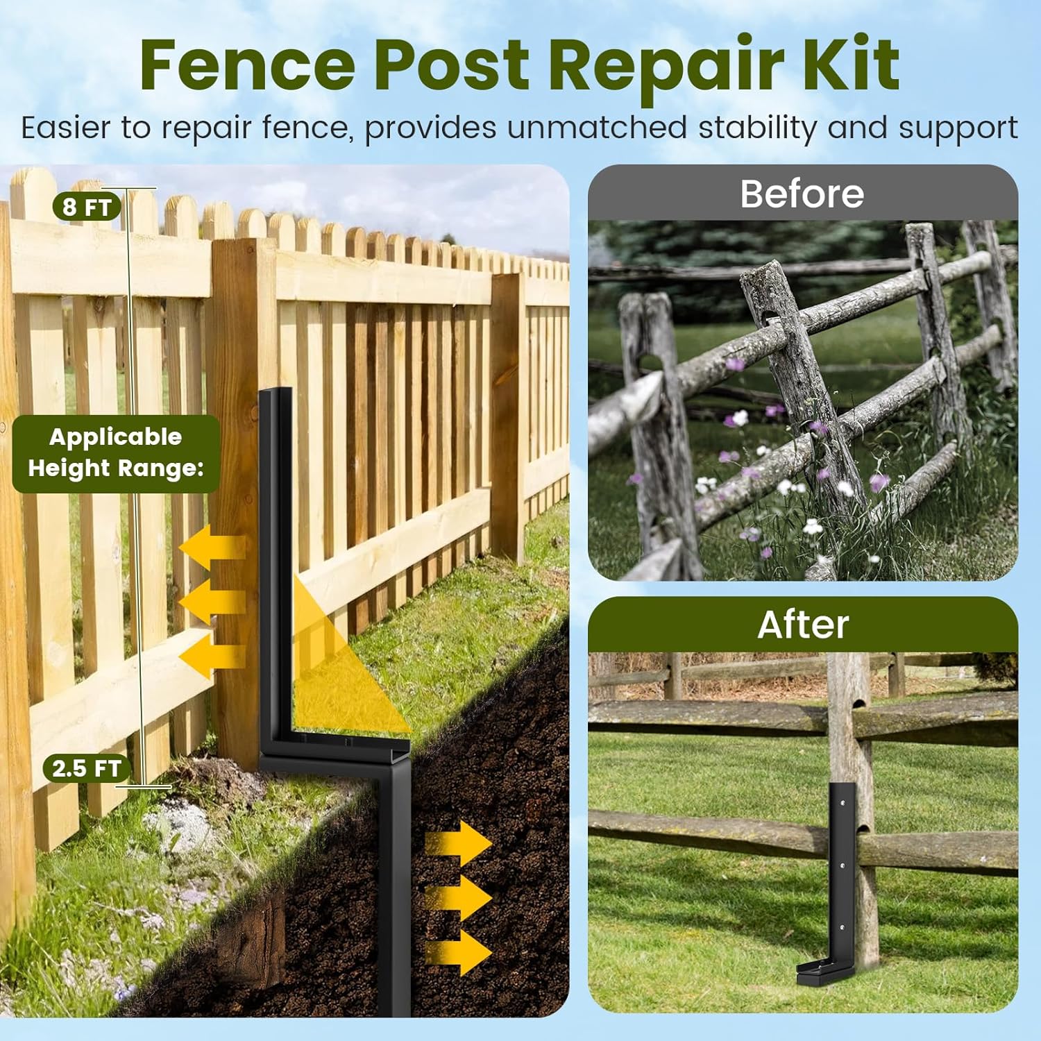 Detalle de Housolution Fence Post Repair Kit: Heavy-Duty, Rust-Resistant Ground Spike for Leaning or Broken Wood Posts
