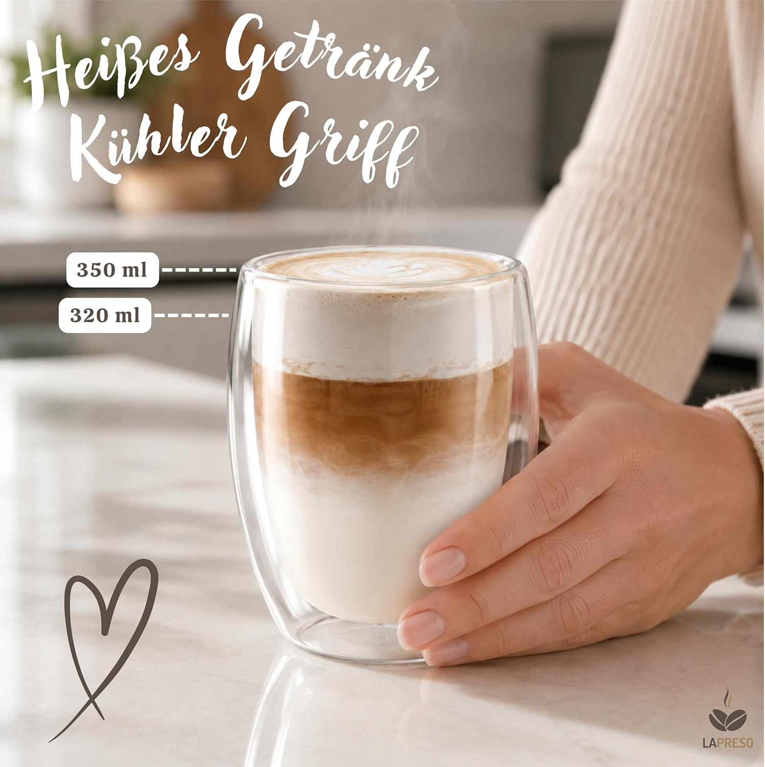 Detalle 2 de LAPRESO® Latte Macchiato Gläser doppelwandig (6er-Set, 350 ml) aus Borosilikatglas – Thermo-Cup Design