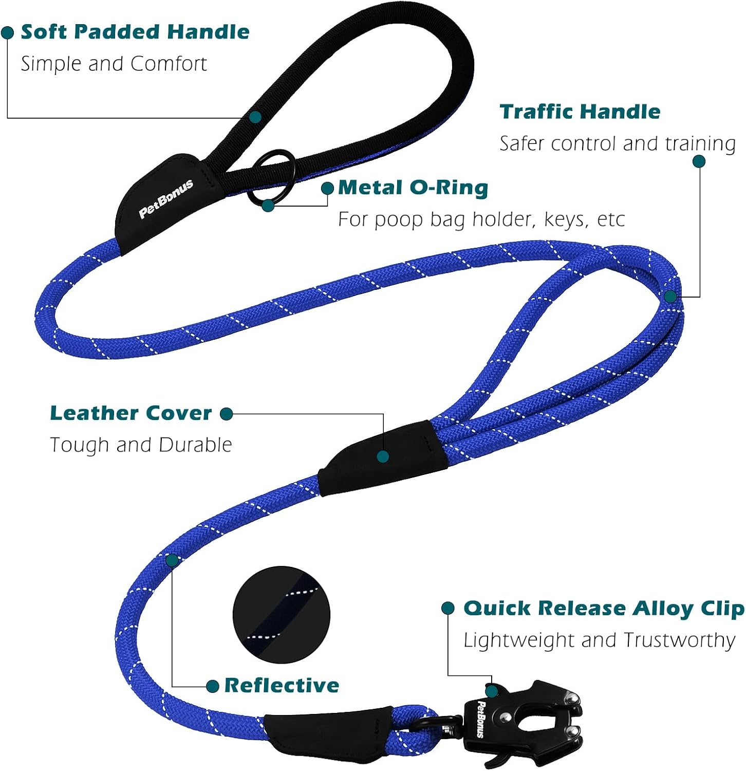 Thumbnail 4 de PetBonus Two Handles Dog Lead (150 cm) with Reflective Rope and Quick-Release Metal Clip