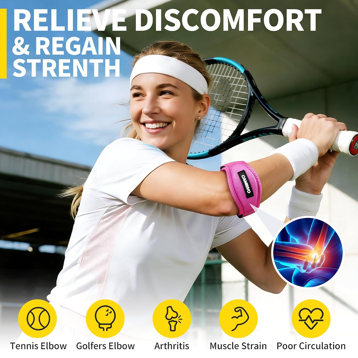 Thumbnail 5 de CAMBIVO 2 Pack Tennis Elbow Support Strap – Adjustable Elbow Brace for Tennis Elbow and Golfer’s Elbow (Rose Pink)
