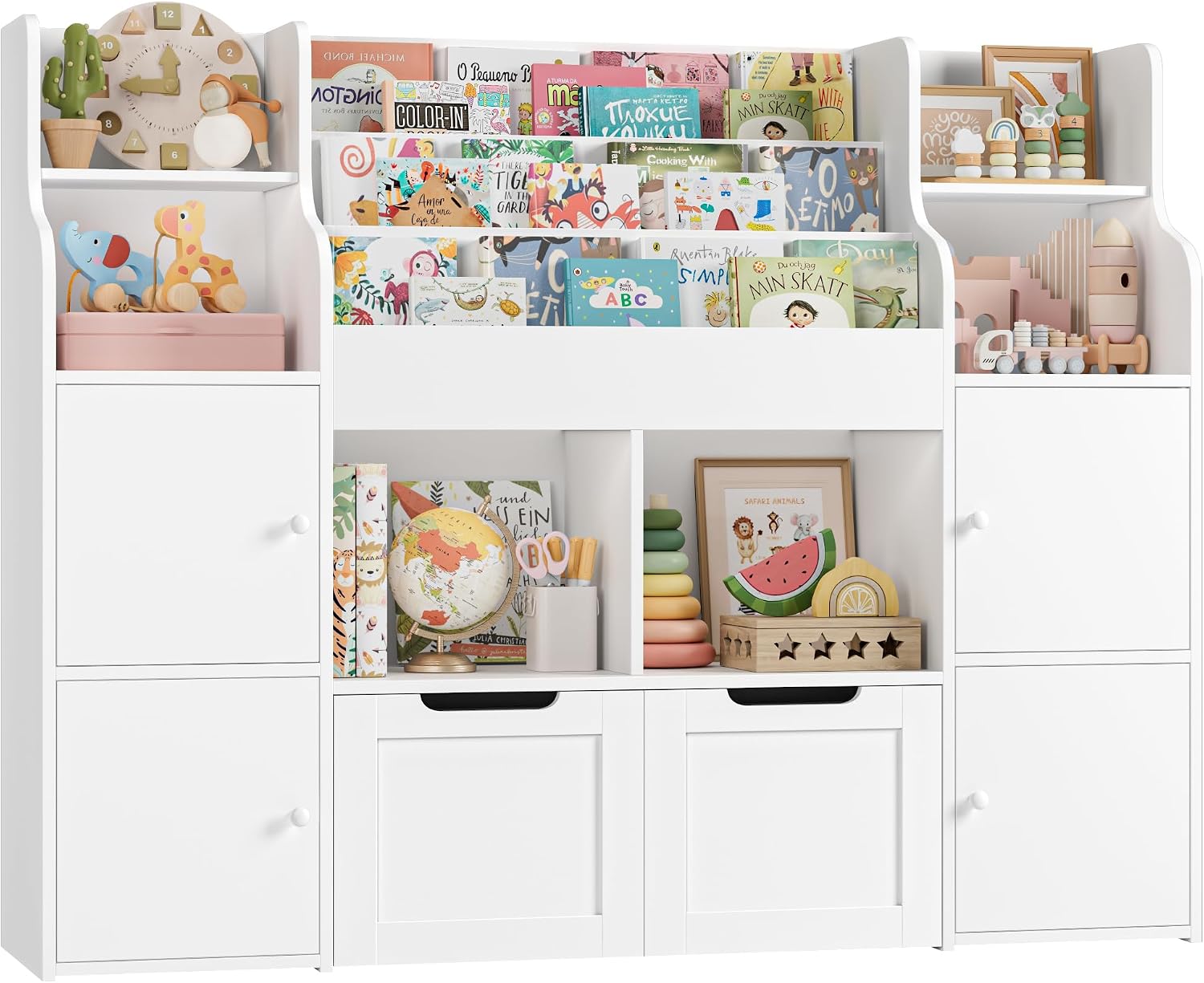 Detalle de FOREHILL P392 Kids Storage Unit, 3-Tier Bookshelf, 4 Doors, 6 Open Shelves