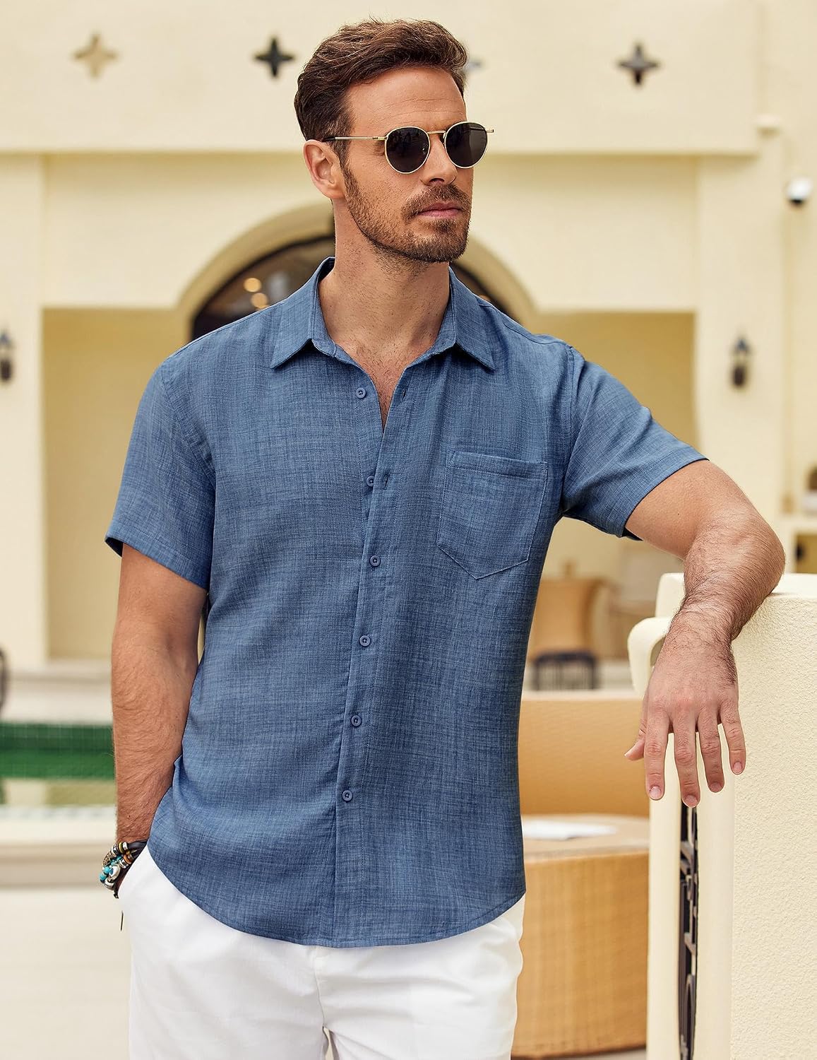 Detalle de COOFANDY Men's Button Down Short Sleeve Shirt – Textured, Breathable Summer Essential
