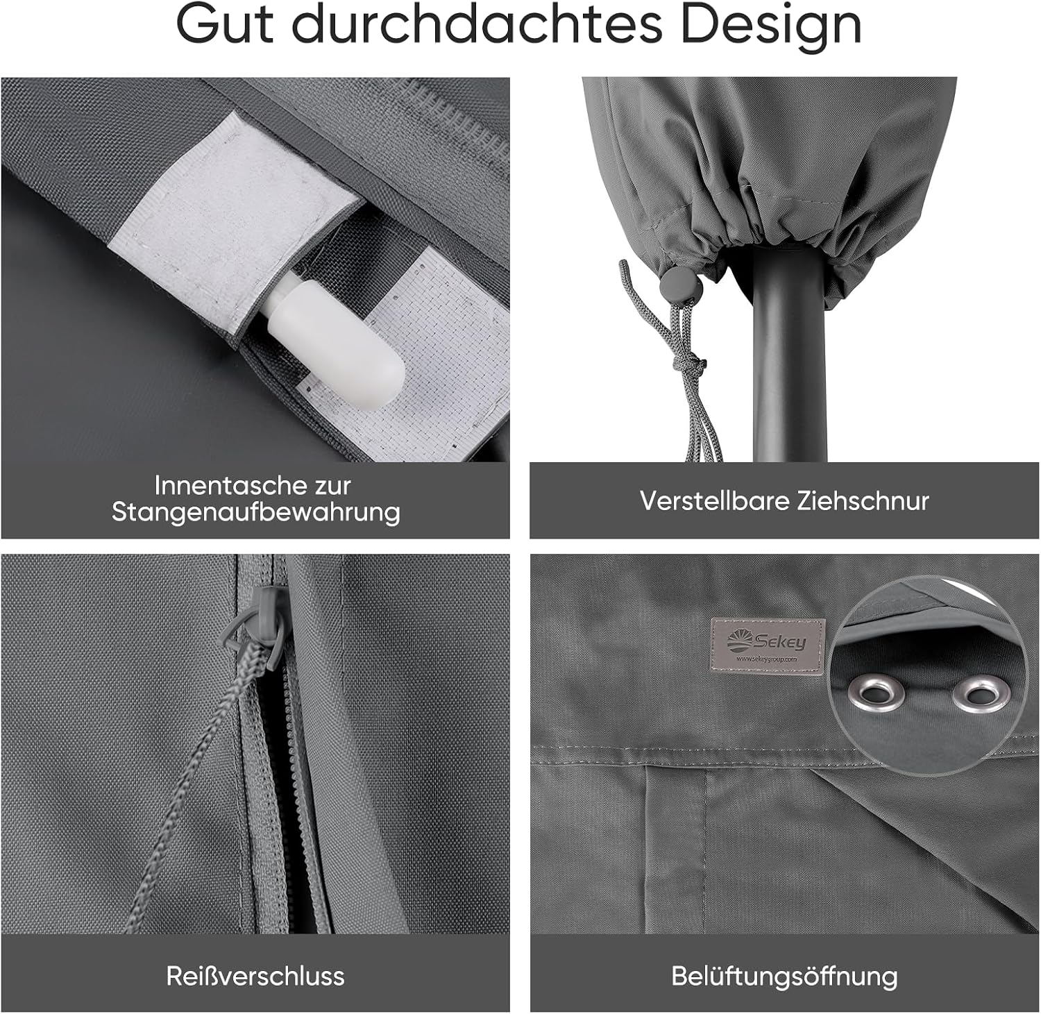 Detalle de Sekey Schutzhülle für Ampelschirm (Abdeckhaube) in Dunkelgrau, 260×65 cm, 600D Oxford-Gewebe