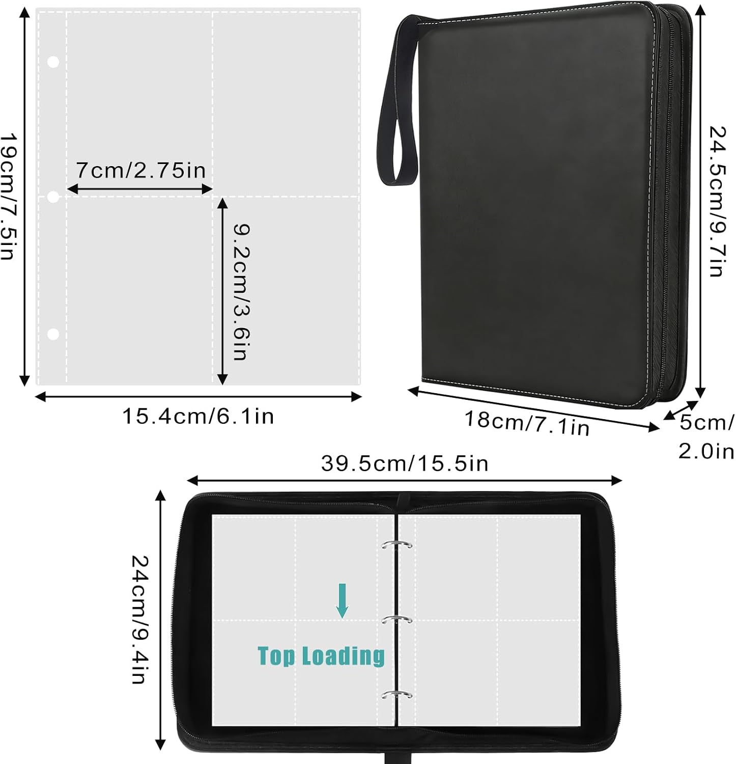 Detalle de Trading Card Binder 4 Pocket: 400 Pocket PU Leather Zip Wallet for MTG and Sports Cards (Black)