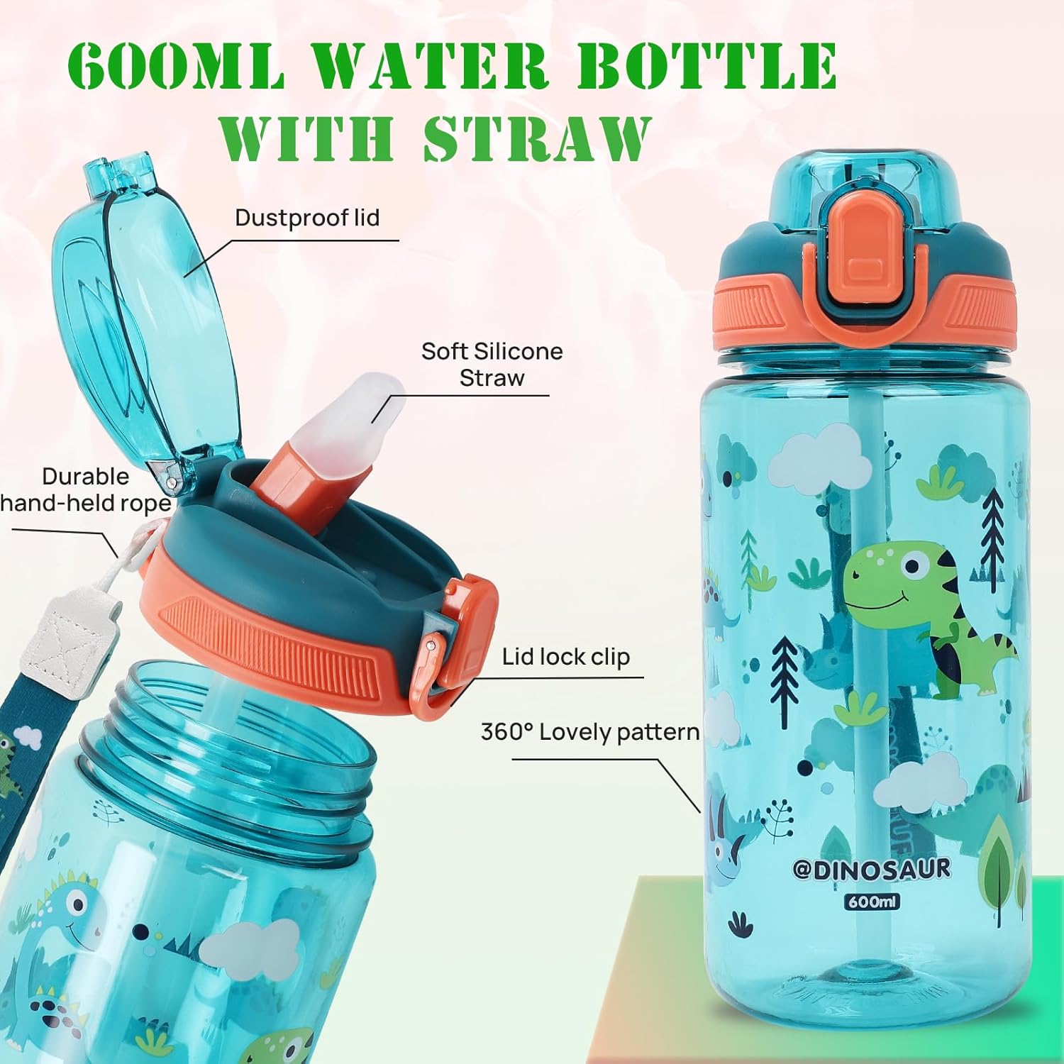 Thumbnail 2 de SENBSLAN Kids Water Bottles With Straw (600ml) – Leakproof BPA-free flip-top drink bottle for school (Blue-Whale)
