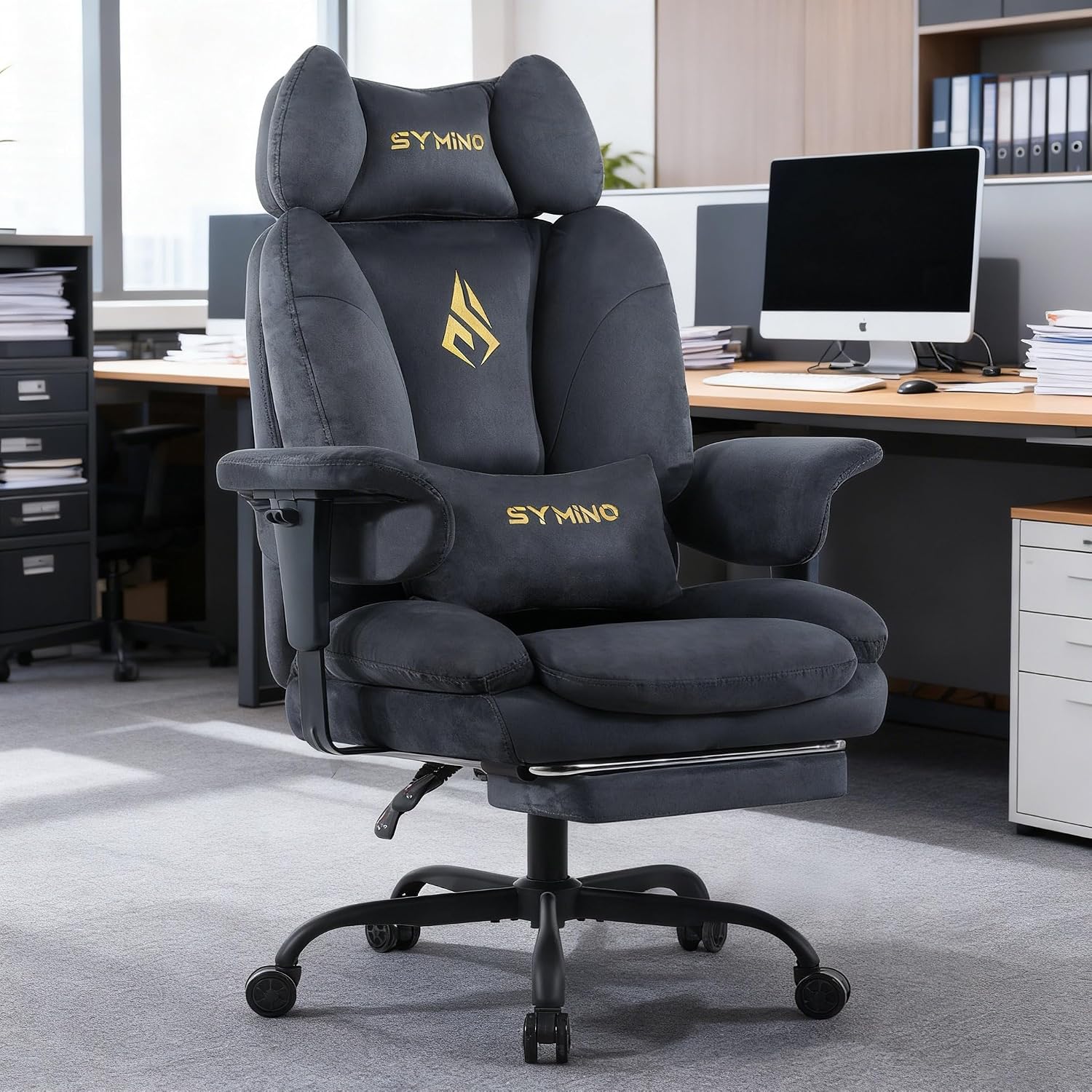 Detalle 2 de Symino SFD-01-GREY gamingstoel met voetensteun, imitatiesuède en verstelbare hoogte