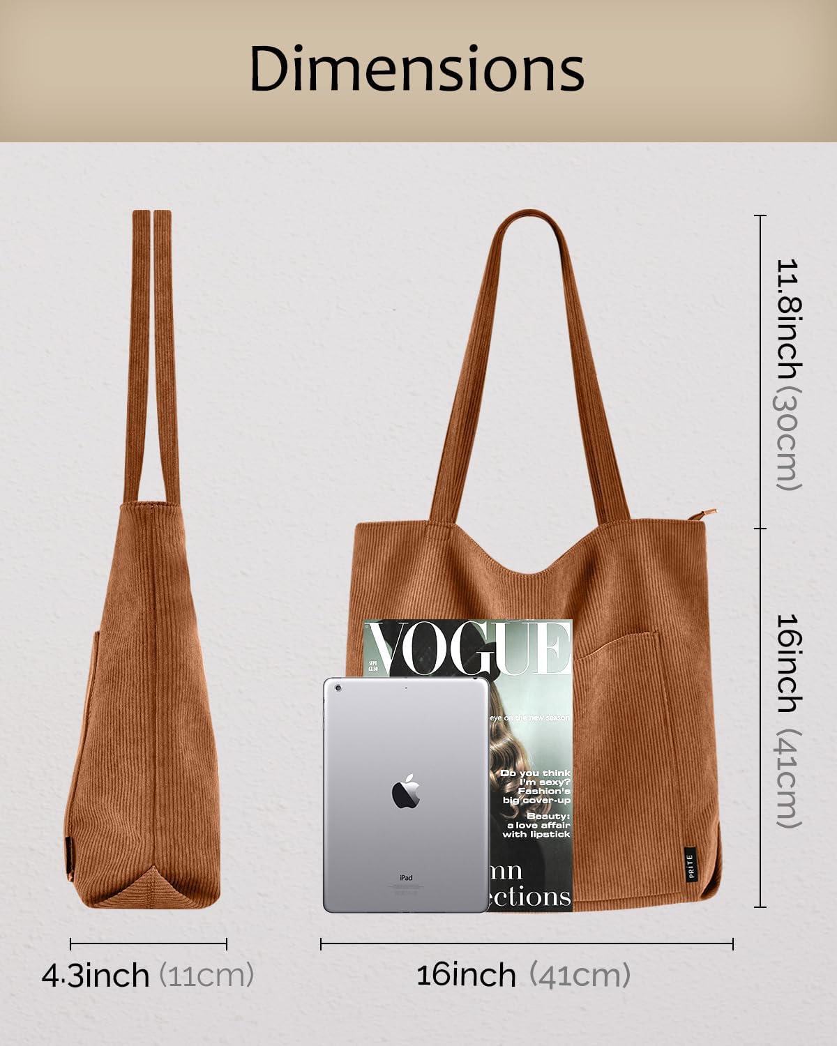 Thumbnail 3 de Prite Corduroy Tote Bag for Women – Large Brown 2 with Zippered Main Compartment and Multiple Pockets
