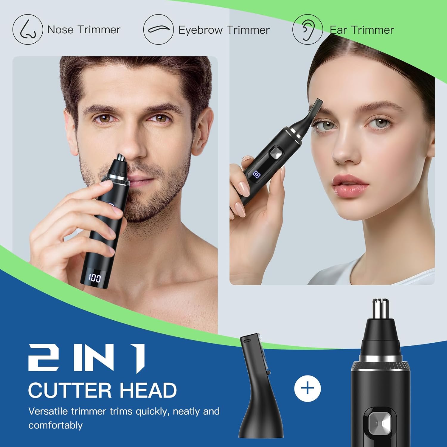 Detalle de Ginity 2-in-1 Nose & Ear Hair Trimmer for Men — Rechargeable, IPX7 Waterproof, with LED Display